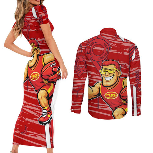 Gold Coast Suns Couples Matching Short Sleeve Bodycon Dress and Long Sleeve Button Shirt Mascot Cartoon Football Illustration Style