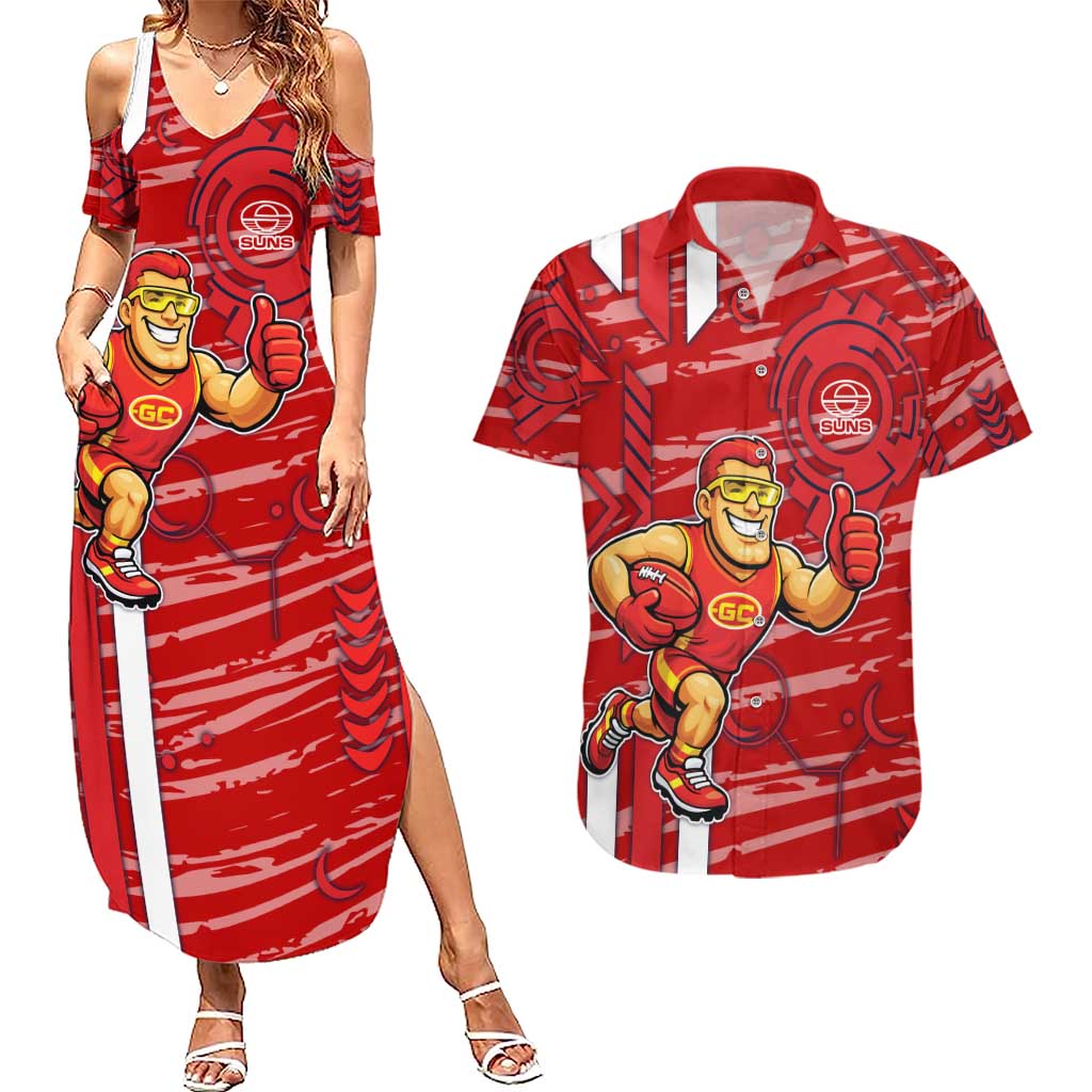 Gold Coast Suns Couples Matching Summer Maxi Dress and Hawaiian Shirt Mascot Cartoon Football Illustration Style
