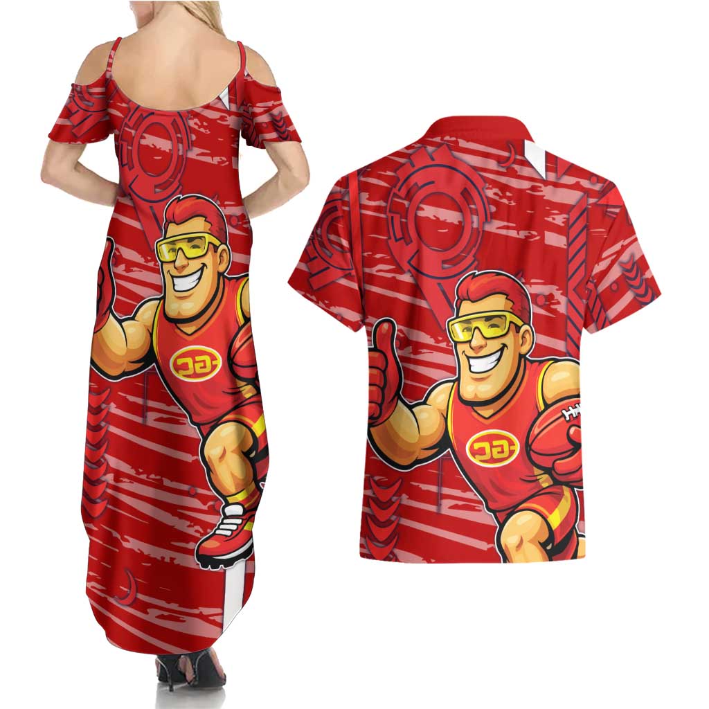 Gold Coast Suns Couples Matching Summer Maxi Dress and Hawaiian Shirt Mascot Cartoon Football Illustration Style