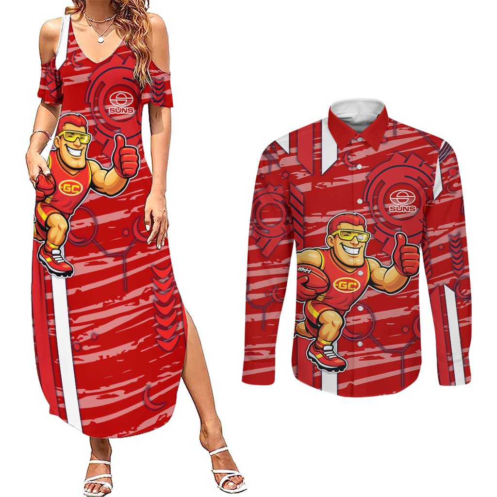 Gold Coast Suns Couples Matching Summer Maxi Dress and Long Sleeve Button Shirt Mascot Cartoon Football Illustration Style