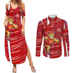 Gold Coast Suns Couples Matching Summer Maxi Dress and Long Sleeve Button Shirt Mascot Cartoon Football Illustration Style
