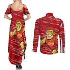 Gold Coast Suns Couples Matching Summer Maxi Dress and Long Sleeve Button Shirt Mascot Cartoon Football Illustration Style