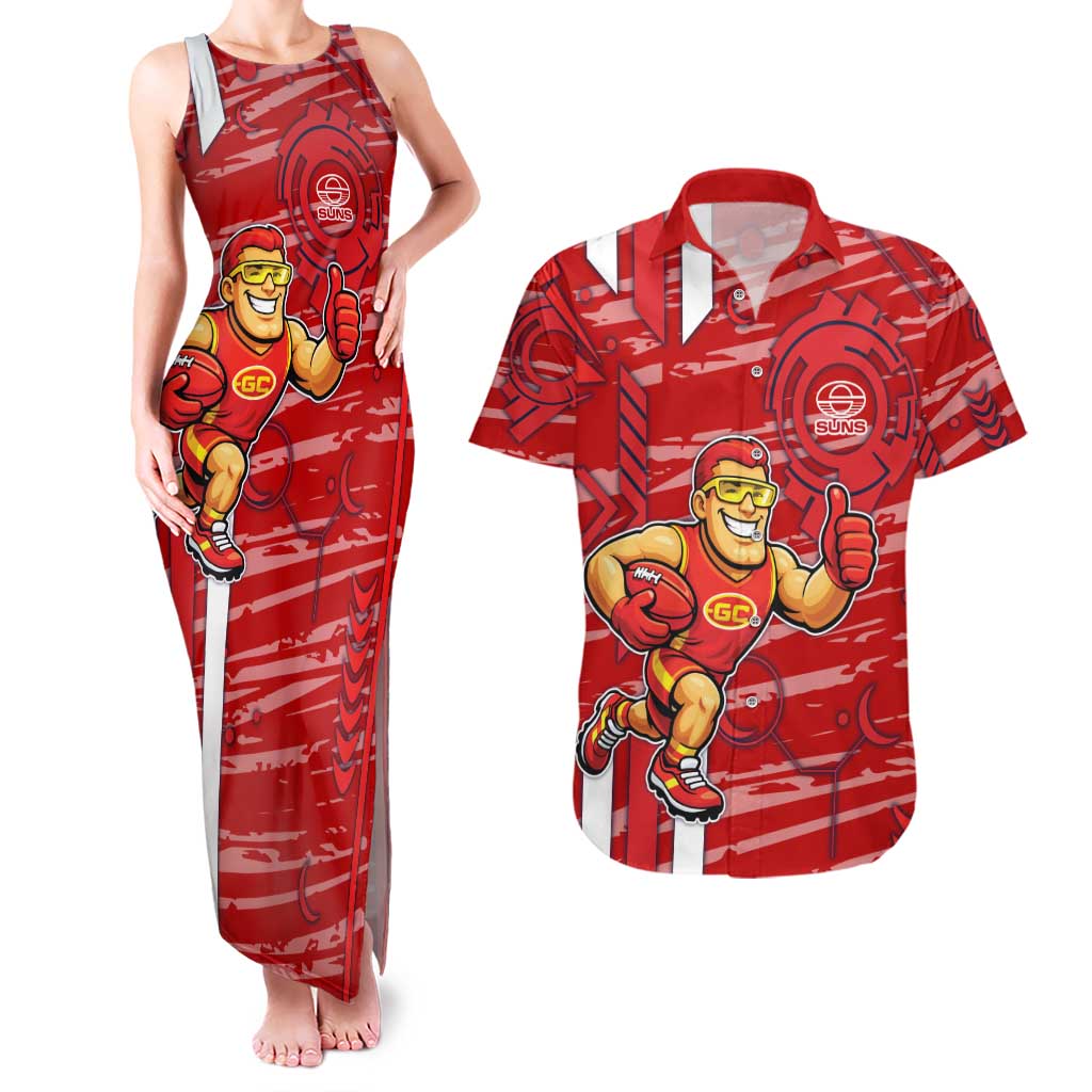 Gold Coast Suns Couples Matching Tank Maxi Dress and Hawaiian Shirt Mascot Cartoon Football Illustration Style