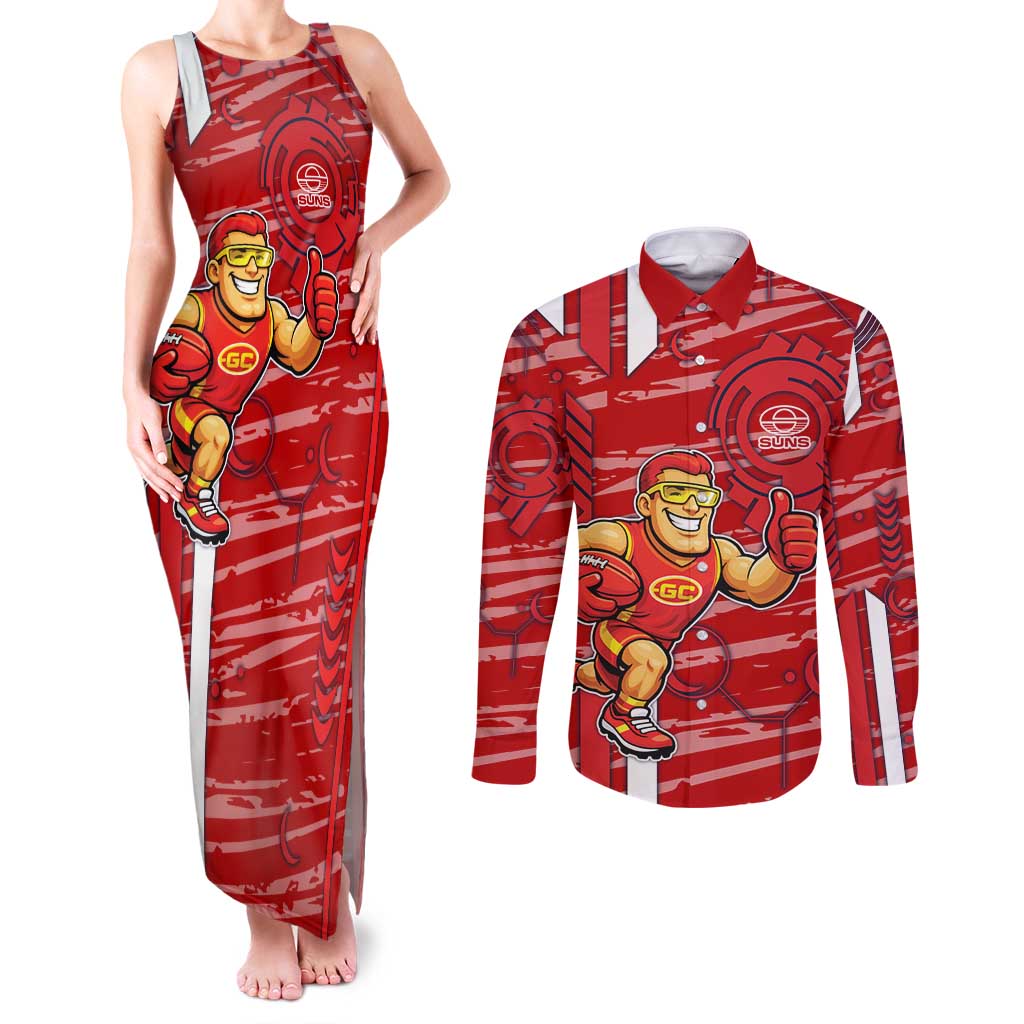 Gold Coast Suns Couples Matching Tank Maxi Dress and Long Sleeve Button Shirt Mascot Cartoon Football Illustration Style
