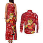 Gold Coast Suns Couples Matching Tank Maxi Dress and Long Sleeve Button Shirt Mascot Cartoon Football Illustration Style