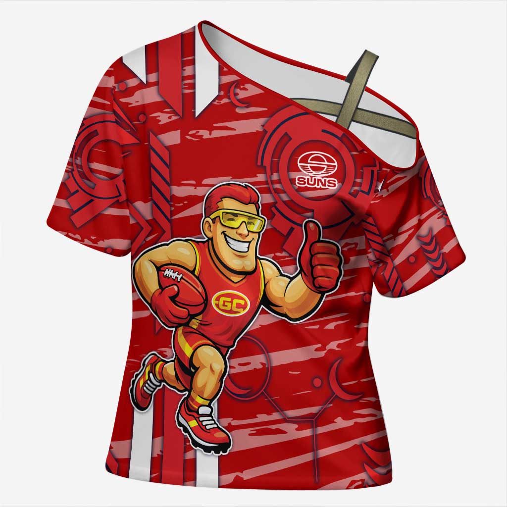 Gold Coast Suns Cross Shoulder Shirt Mascot Cartoon Football Illustration Style