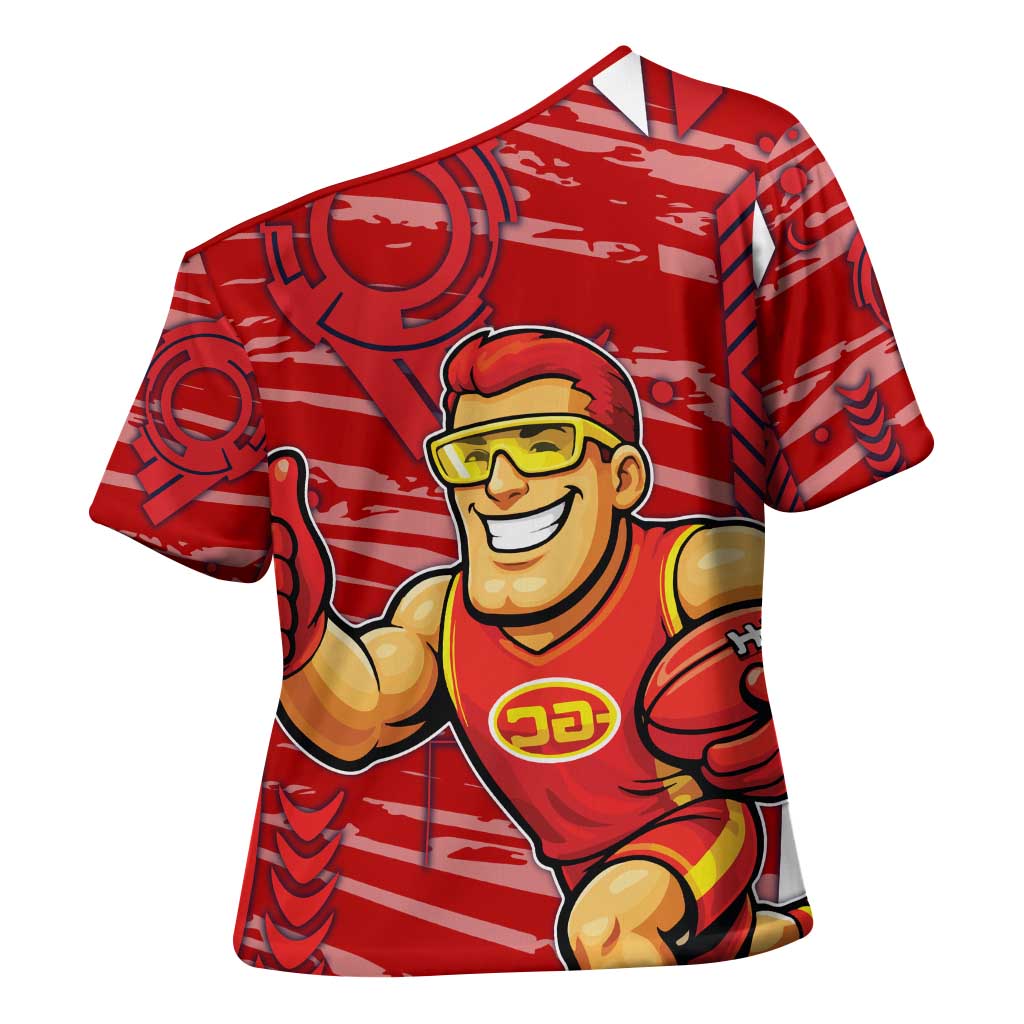 Gold Coast Suns Cross Shoulder Shirt Mascot Cartoon Football Illustration Style