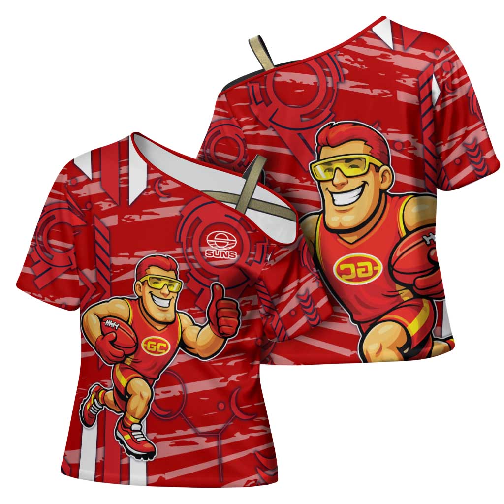 Gold Coast Suns Cross Shoulder Shirt Mascot Cartoon Football Illustration Style
