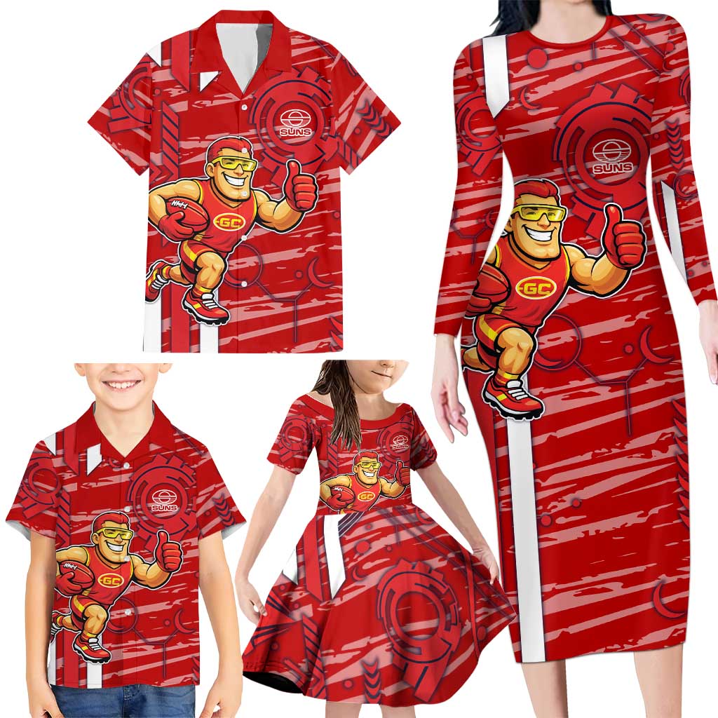 Gold Coast Suns Family Matching Long Sleeve Bodycon Dress and Hawaiian Shirt Mascot Cartoon Football Illustration Style
