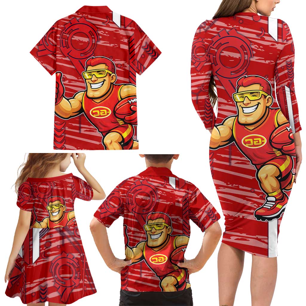 Gold Coast Suns Family Matching Long Sleeve Bodycon Dress and Hawaiian Shirt Mascot Cartoon Football Illustration Style