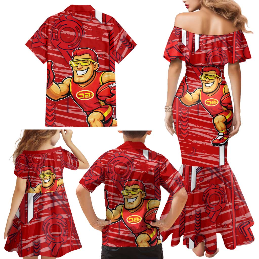 Gold Coast Suns Family Matching Mermaid Dress and Hawaiian Shirt Mascot Cartoon Football Illustration Style