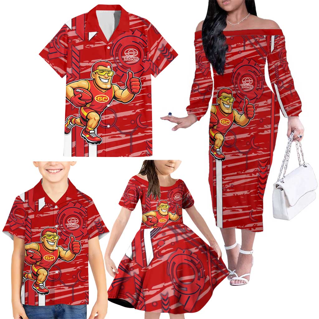 Gold Coast Suns Family Matching Off The Shoulder Long Sleeve Dress and Hawaiian Shirt Mascot Cartoon Football Illustration Style
