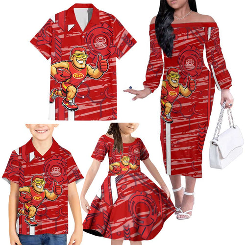 Gold Coast Suns Family Matching Off The Shoulder Long Sleeve Dress and Hawaiian Shirt Mascot Cartoon Football Illustration Style