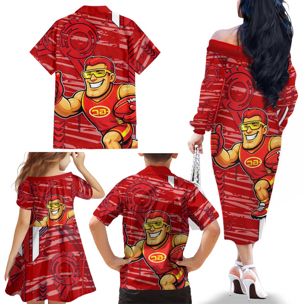 Gold Coast Suns Family Matching Off The Shoulder Long Sleeve Dress and Hawaiian Shirt Mascot Cartoon Football Illustration Style