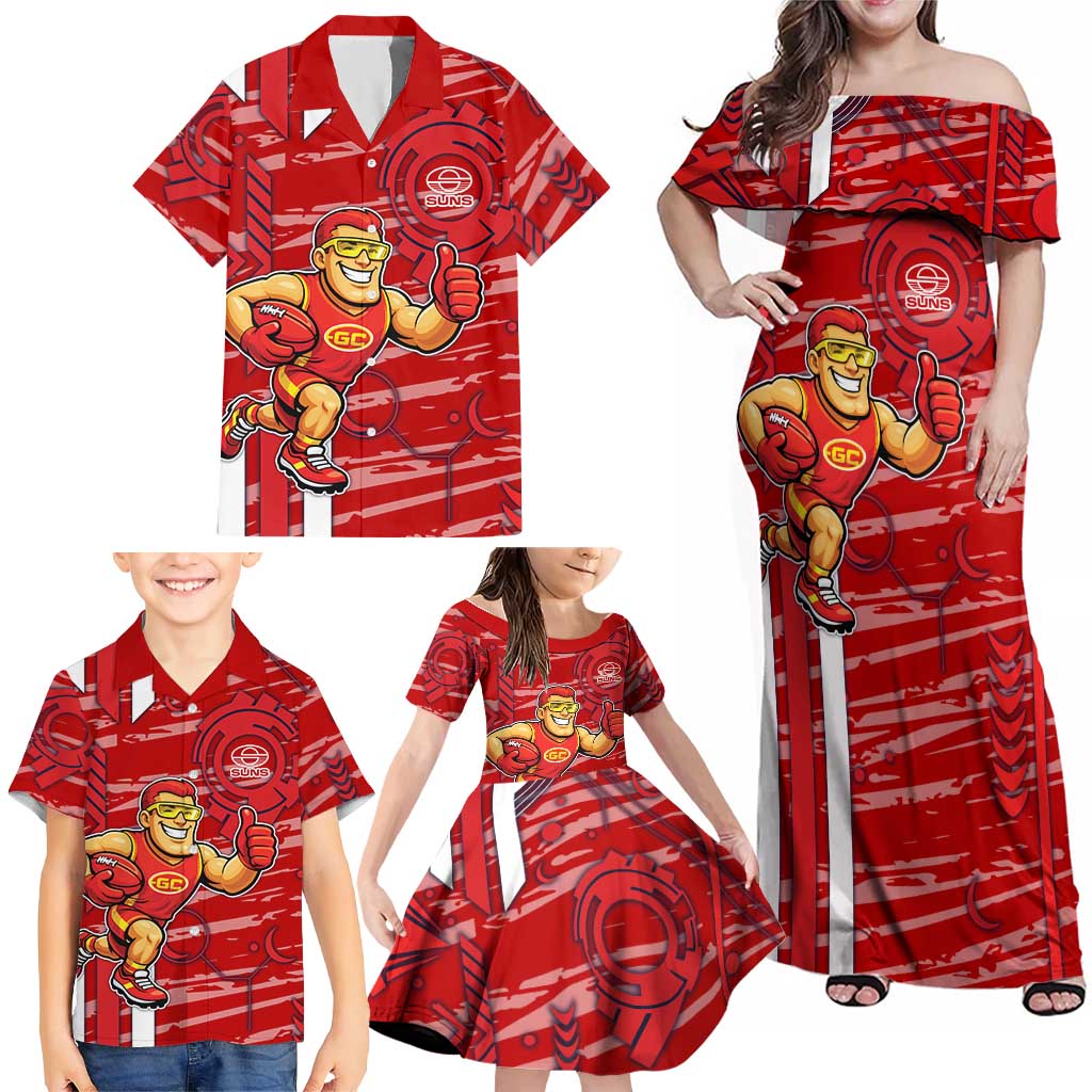 Gold Coast Suns Family Matching Off Shoulder Maxi Dress and Hawaiian Shirt Mascot Cartoon Football Illustration Style
