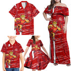 Gold Coast Suns Family Matching Off Shoulder Maxi Dress and Hawaiian Shirt Mascot Cartoon Football Illustration Style