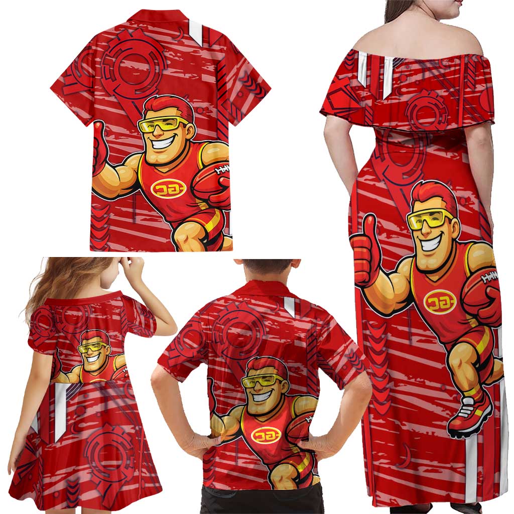Gold Coast Suns Family Matching Off Shoulder Maxi Dress and Hawaiian Shirt Mascot Cartoon Football Illustration Style