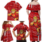 Gold Coast Suns Family Matching Off Shoulder Maxi Dress and Hawaiian Shirt Mascot Cartoon Football Illustration Style