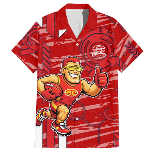 Gold Coast Suns Family Matching Off Shoulder Maxi Dress and Hawaiian Shirt Mascot Cartoon Football Illustration Style