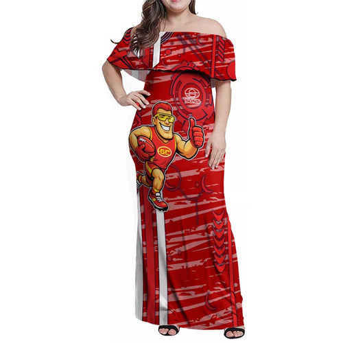 Gold Coast Suns Family Matching Off Shoulder Maxi Dress and Hawaiian Shirt Mascot Cartoon Football Illustration Style