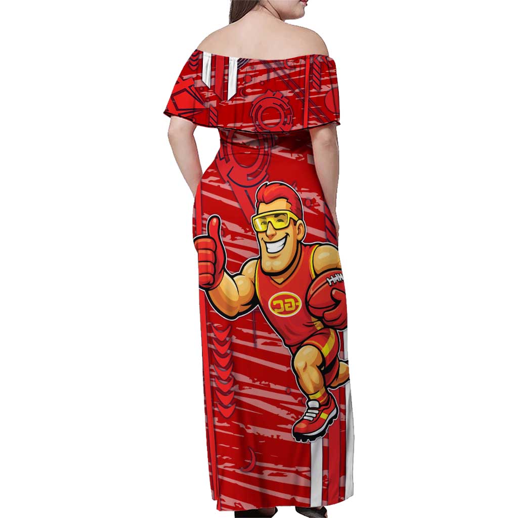 Gold Coast Suns Family Matching Off Shoulder Maxi Dress and Hawaiian Shirt Mascot Cartoon Football Illustration Style