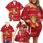 Gold Coast Suns Family Matching Off Shoulder Short Dress and Hawaiian Shirt Mascot Cartoon Football Illustration Style