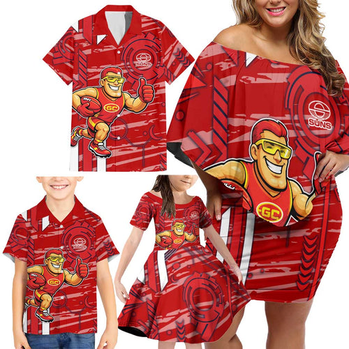 Gold Coast Suns Family Matching Off Shoulder Short Dress and Hawaiian Shirt Mascot Cartoon Football Illustration Style