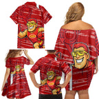 Gold Coast Suns Family Matching Off Shoulder Short Dress and Hawaiian Shirt Mascot Cartoon Football Illustration Style