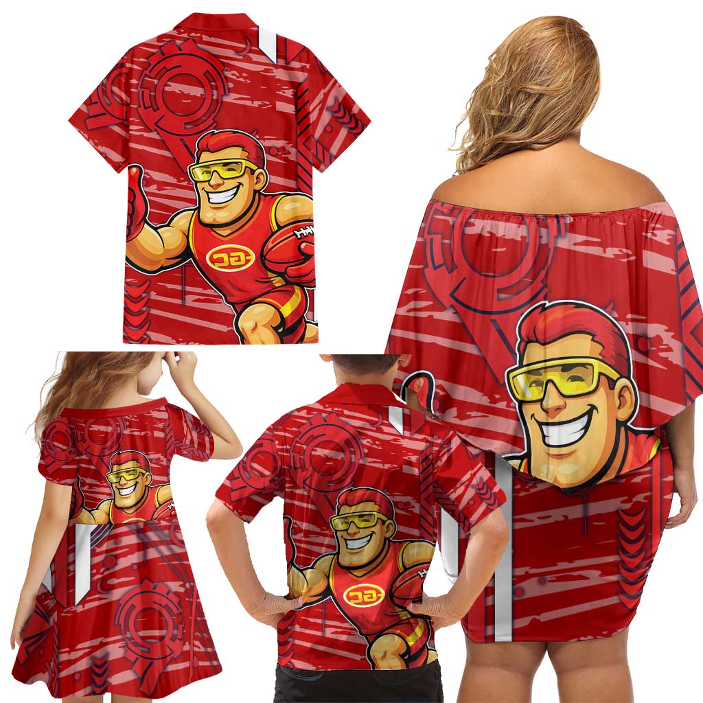 Gold Coast Suns Family Matching Off Shoulder Short Dress and Hawaiian Shirt Mascot Cartoon Football Illustration Style