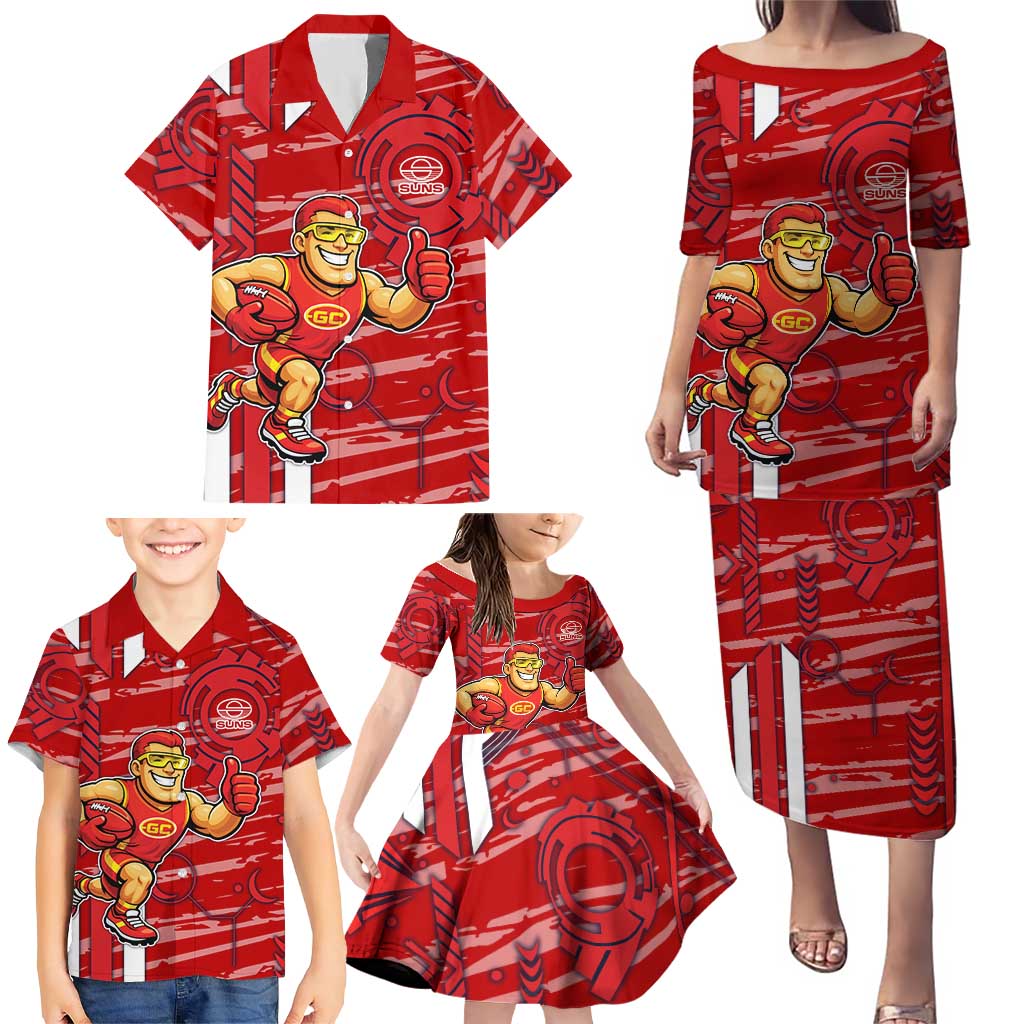 Gold Coast Suns Family Matching Puletasi and Hawaiian Shirt Mascot Cartoon Football Illustration Style