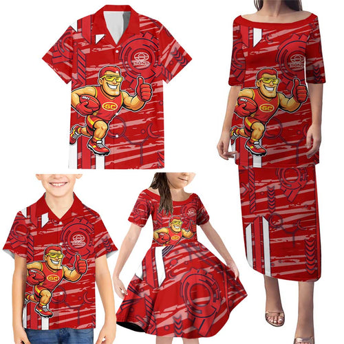 Gold Coast Suns Family Matching Puletasi and Hawaiian Shirt Mascot Cartoon Football Illustration Style