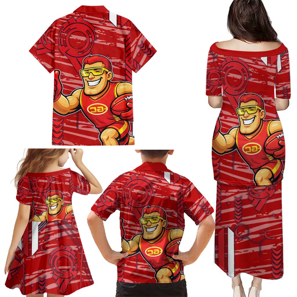 Gold Coast Suns Family Matching Puletasi and Hawaiian Shirt Mascot Cartoon Football Illustration Style