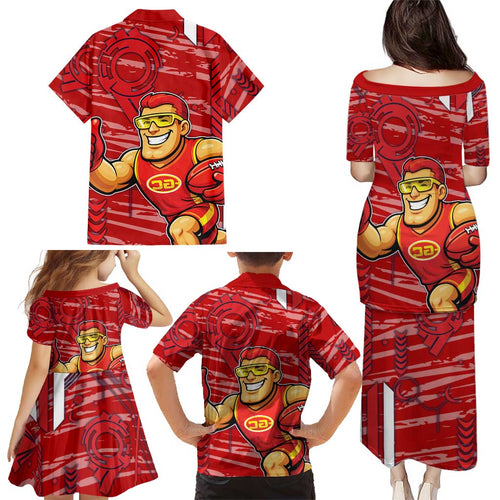 Gold Coast Suns Family Matching Puletasi and Hawaiian Shirt Mascot Cartoon Football Illustration Style
