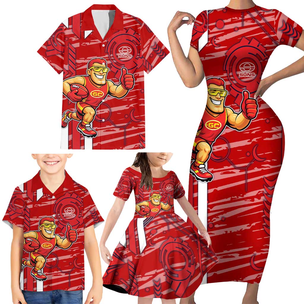 Gold Coast Suns Family Matching Short Sleeve Bodycon Dress and Hawaiian Shirt Mascot Cartoon Football Illustration Style