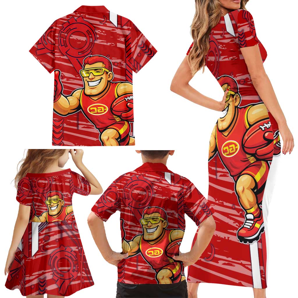 Gold Coast Suns Family Matching Short Sleeve Bodycon Dress and Hawaiian Shirt Mascot Cartoon Football Illustration Style