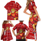 Gold Coast Suns Family Matching Short Sleeve Bodycon Dress and Hawaiian Shirt Mascot Cartoon Football Illustration Style