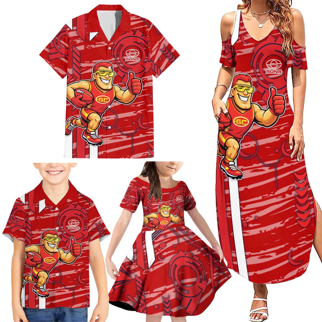 Gold Coast Suns Family Matching Summer Maxi Dress and Hawaiian Shirt Mascot Cartoon Football Illustration Style
