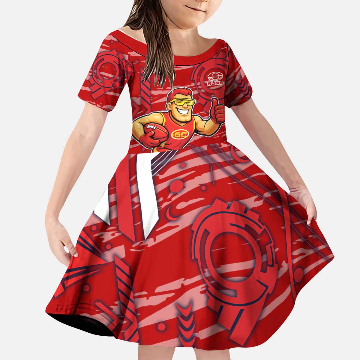 Gold Coast Suns Kid Short Sleeve Dress Mascot Cartoon Football Illustration Style
