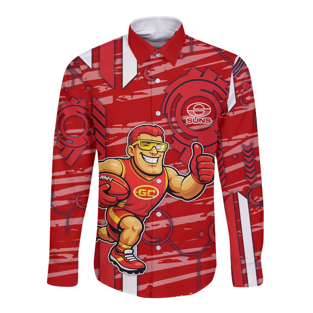 Gold Coast Suns Long Sleeve Button Shirt Mascot Cartoon Football Illustration Style