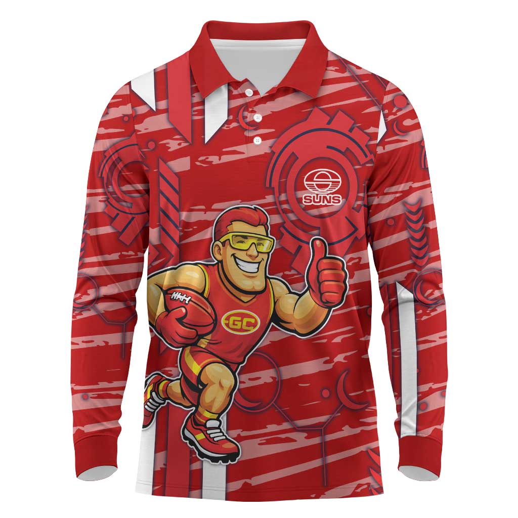 Gold Coast Suns Long Sleeve Polo Shirt Mascot Cartoon Football Illustration Style
