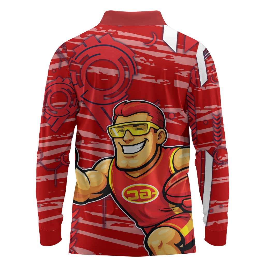 Gold Coast Suns Long Sleeve Polo Shirt Mascot Cartoon Football Illustration Style