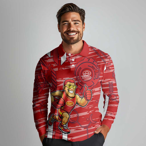 Gold Coast Suns Long Sleeve Polo Shirt Mascot Cartoon Football Illustration Style