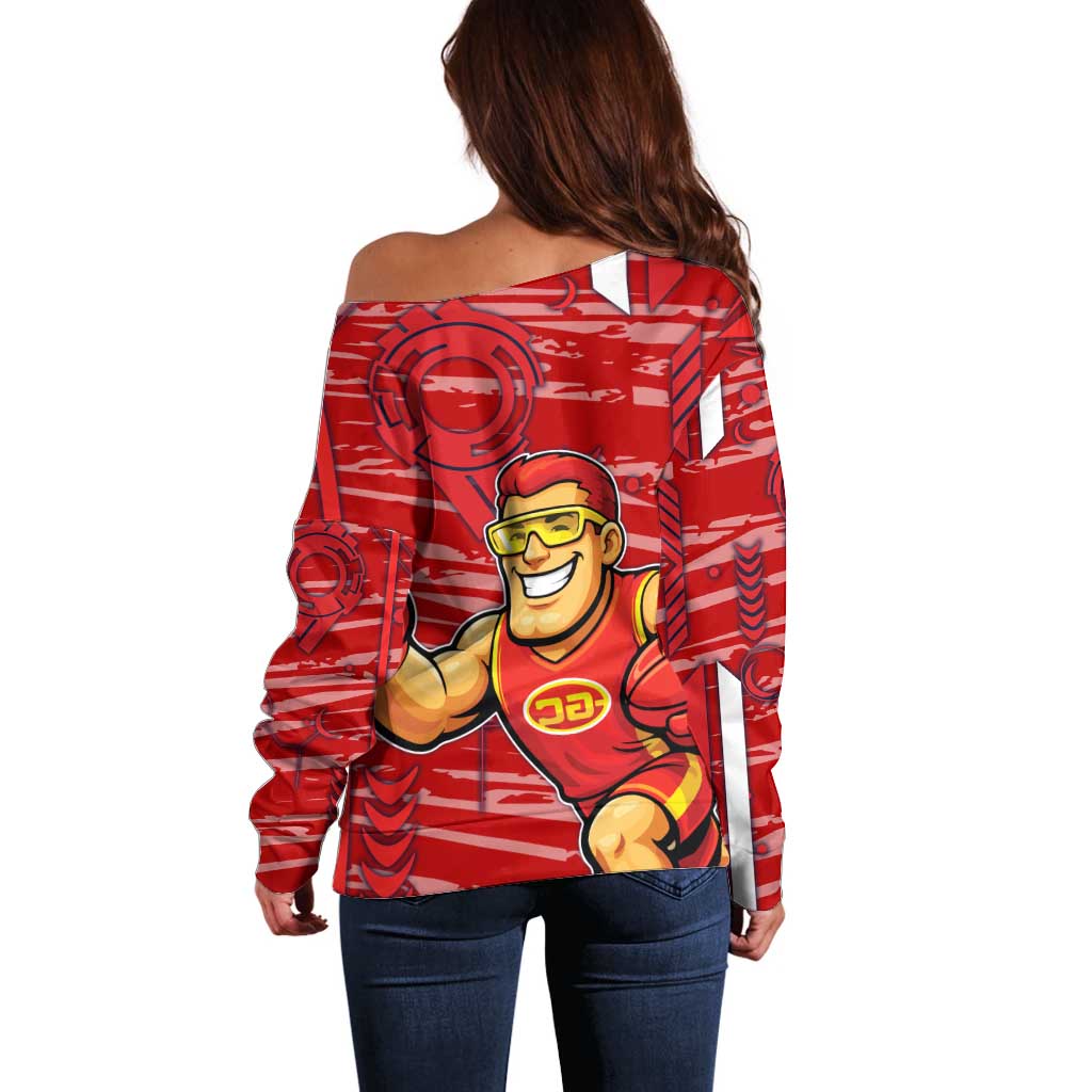 Gold Coast Suns Off Shoulder Sweater Mascot Cartoon Football Illustration Style