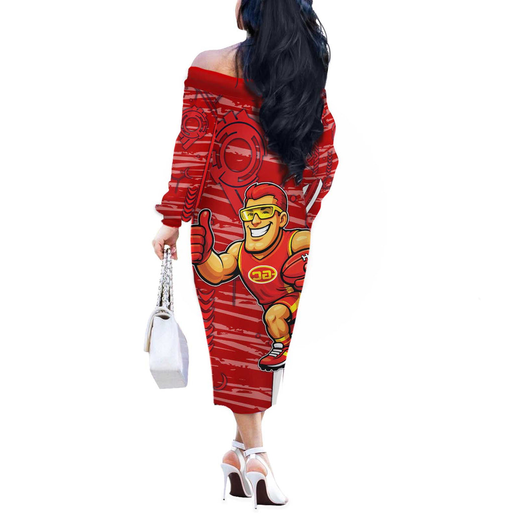 Gold Coast Suns Off The Shoulder Long Sleeve Dress Mascot Cartoon Football Illustration Style