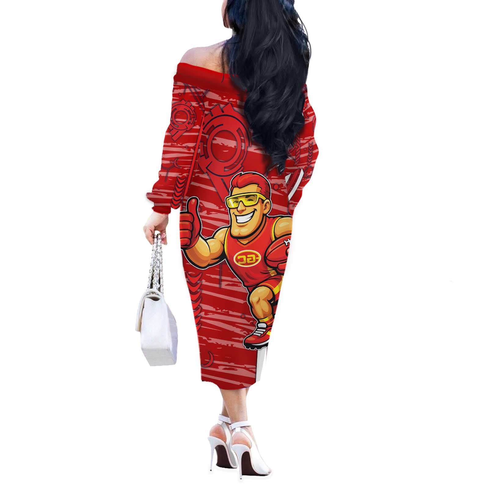 Gold Coast Suns Off The Shoulder Long Sleeve Dress Mascot Cartoon Football Illustration Style