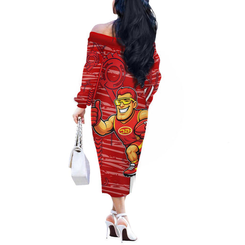 Gold Coast Suns Off The Shoulder Long Sleeve Dress Mascot Cartoon Football Illustration Style