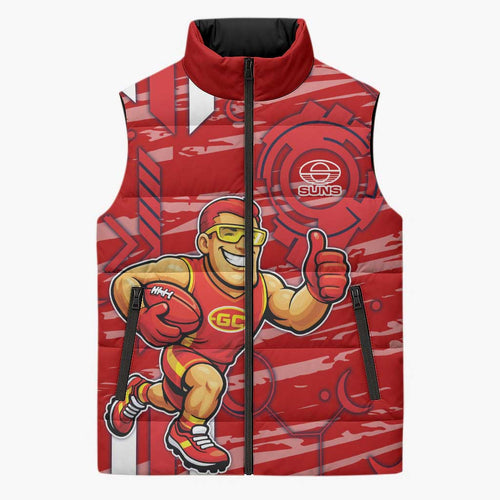 Gold Coast Suns Sleeveless Puffer Jacket Mascot Cartoon Football Illustration Style