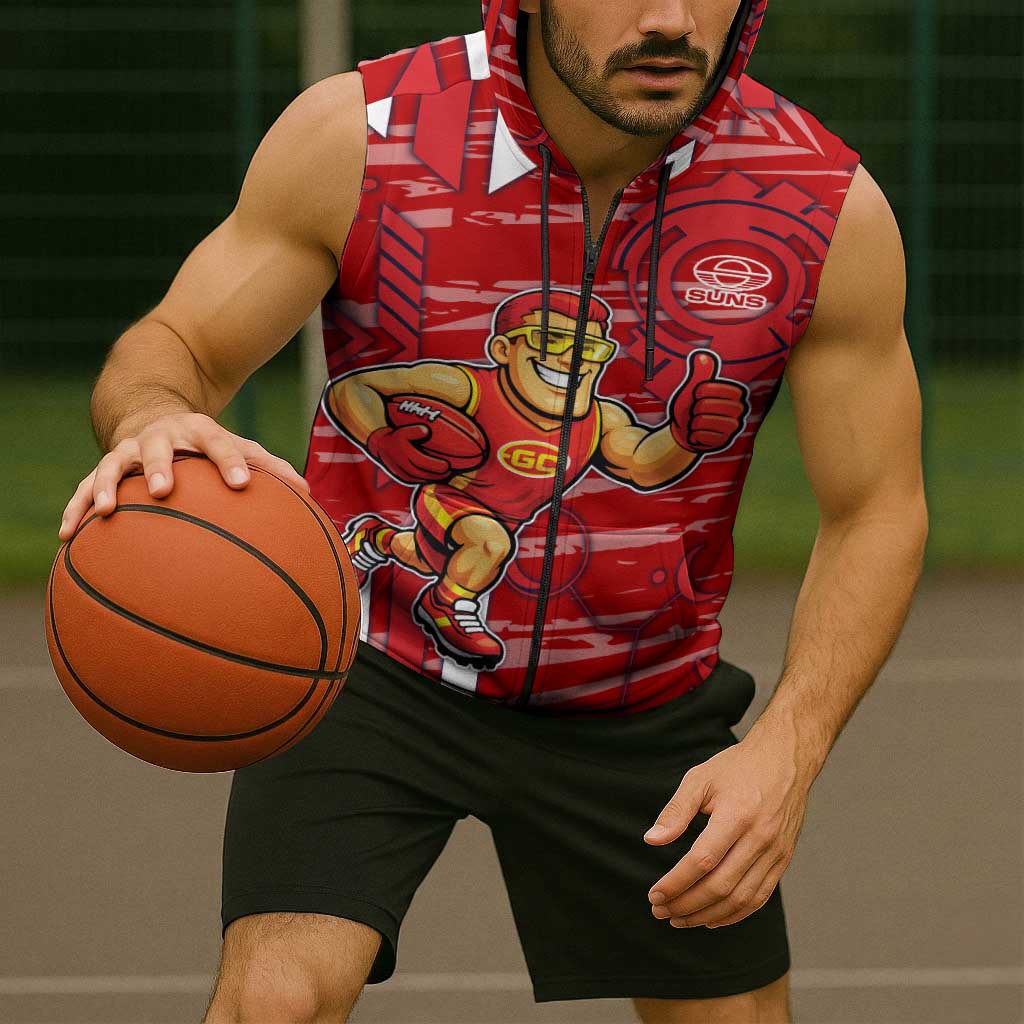 Gold Coast Suns Sleeveless Zip Hoodie Mascot Cartoon Football Illustration Style
