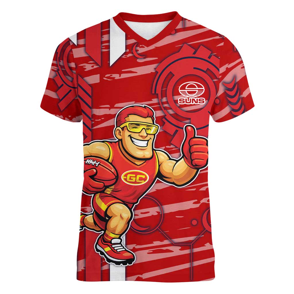 Gold Coast Suns Women V-Neck T-Shirt Mascot Cartoon Football Illustration Style