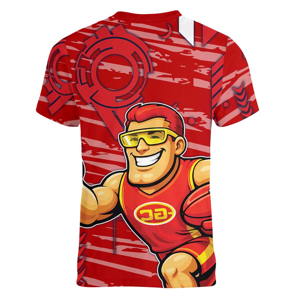 Gold Coast Suns Women V-Neck T-Shirt Mascot Cartoon Football Illustration Style